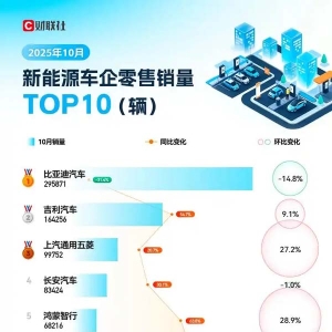10月新能源车企销量TOP10：小米连月破4万，特斯拉创3年新低无缘前十